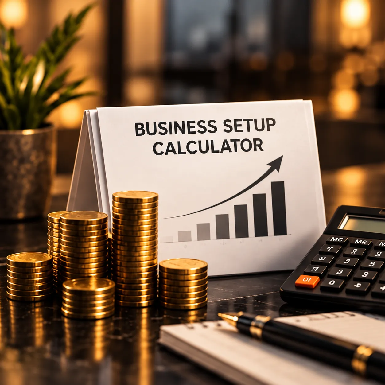 Business setup calculator card with a growth chart, gold coins and a calculator
