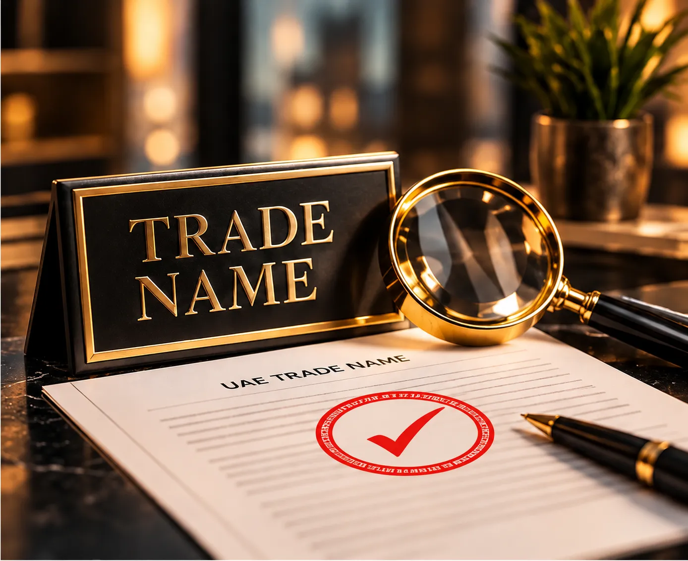 Trade name plaque and a magnifying glass over a UAE trade name certificate