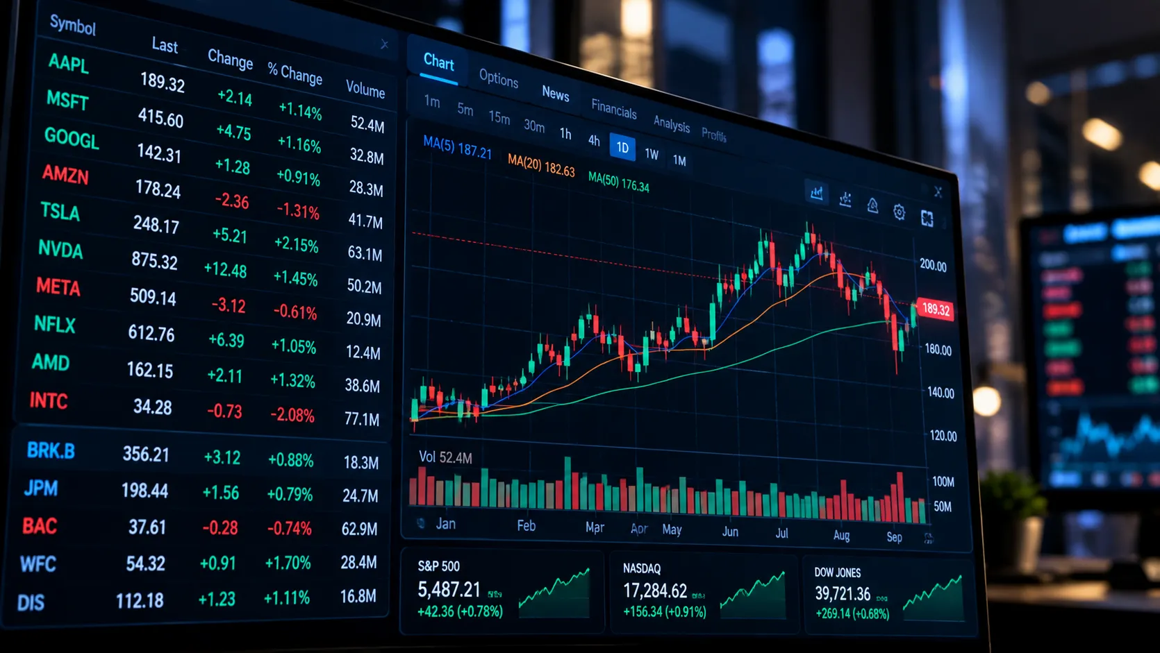 Trading screen with stock prices and a candlestick price chart
