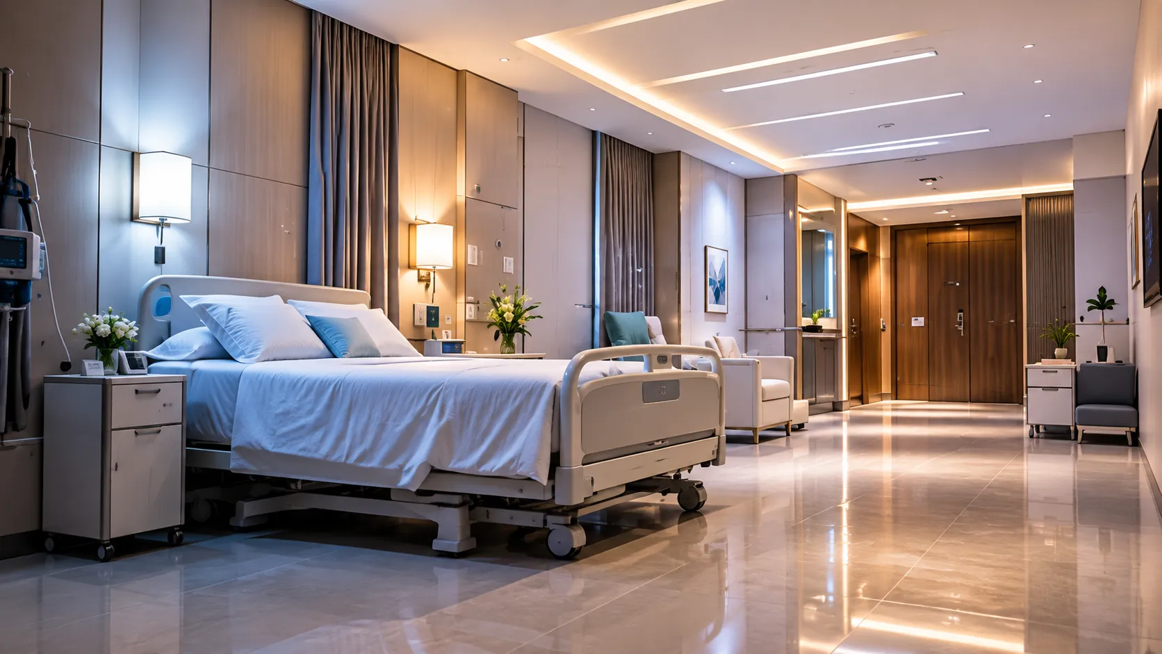 Modern private hospital room with a patient bed and soft lighting