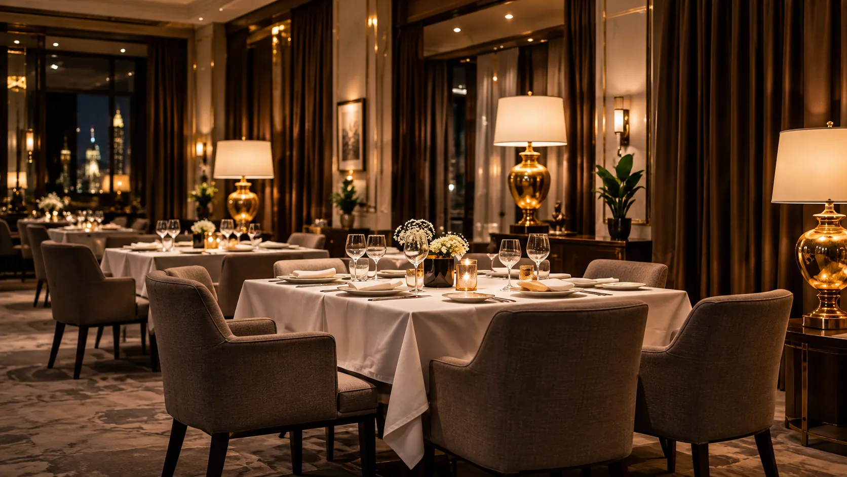 Warmly lit fine-dining room with set tables and brass table lamps
