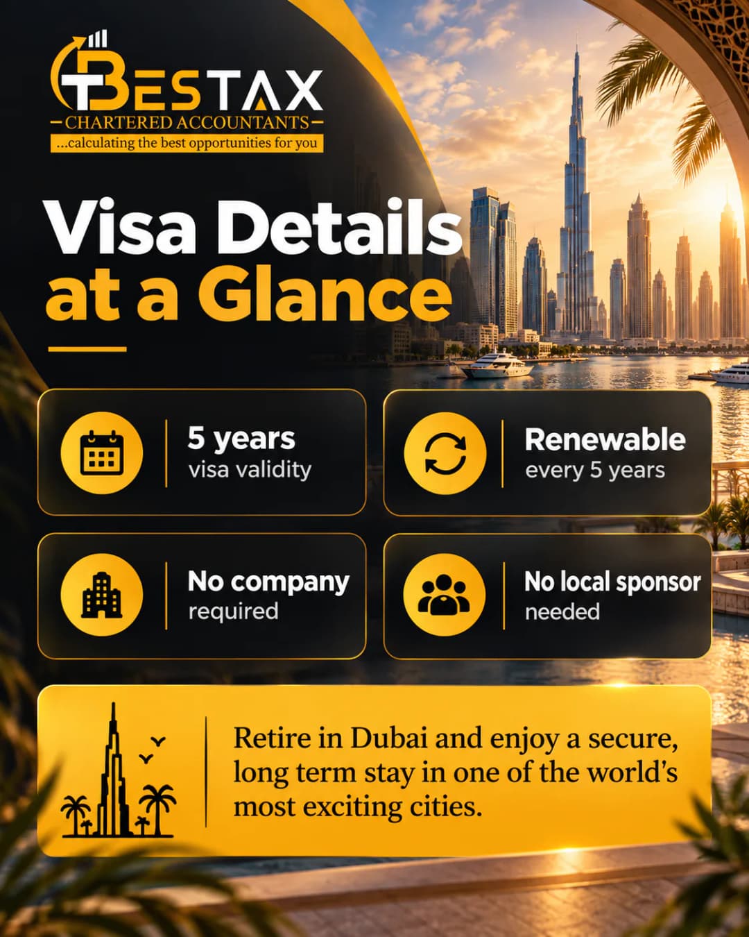 Dubai retirement visa at a glance: 5-year validity, renewable, no company or local sponsor needed