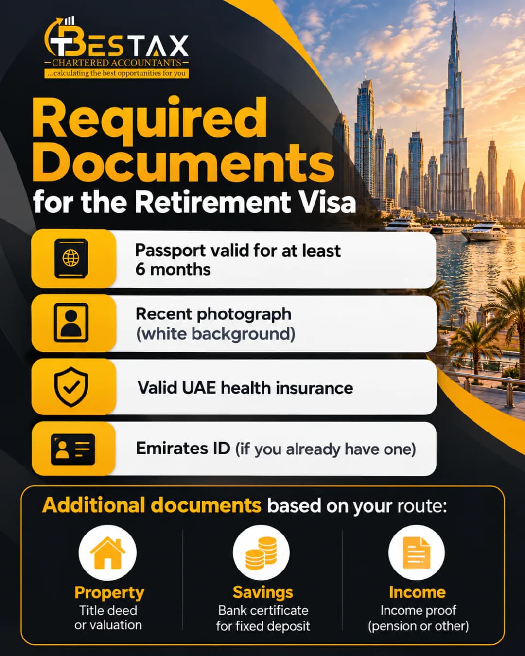 Dubai retirement visa documents checklist: passport, photo, UAE health insurance, Emirates ID and route-specific proof