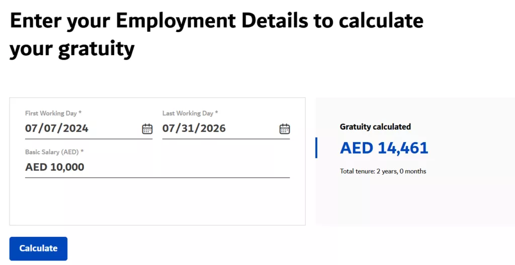 gratuity calculator provided by the Dubai Development Authority