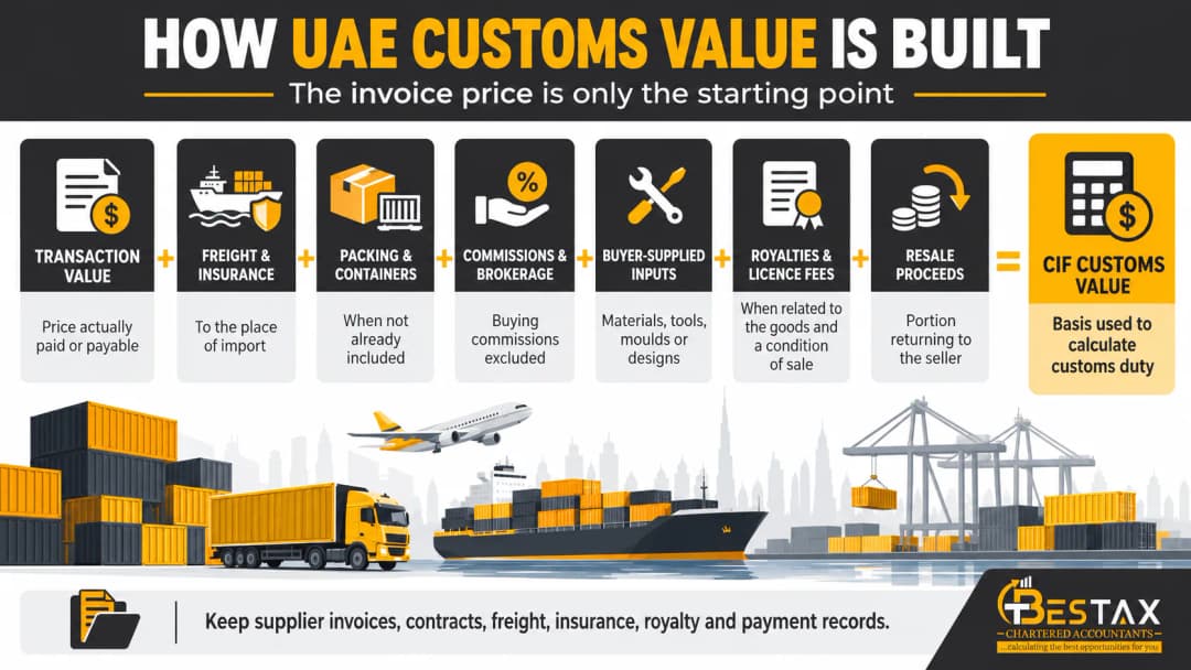 Diagram showing how UAE CIF customs value adds freight, insurance, packing, commissions, royalties and more to the transaction value