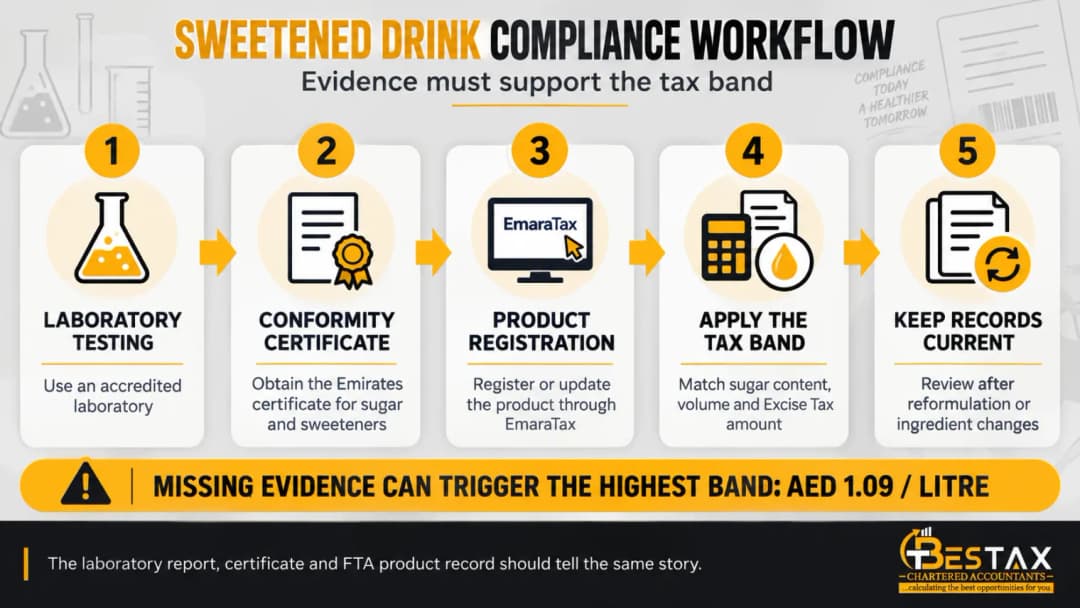 Sweetened drink compliance workflow in the UAE: laboratory testing, conformity certificate, EmaraTax product registration, applying the tax band and keeping records current