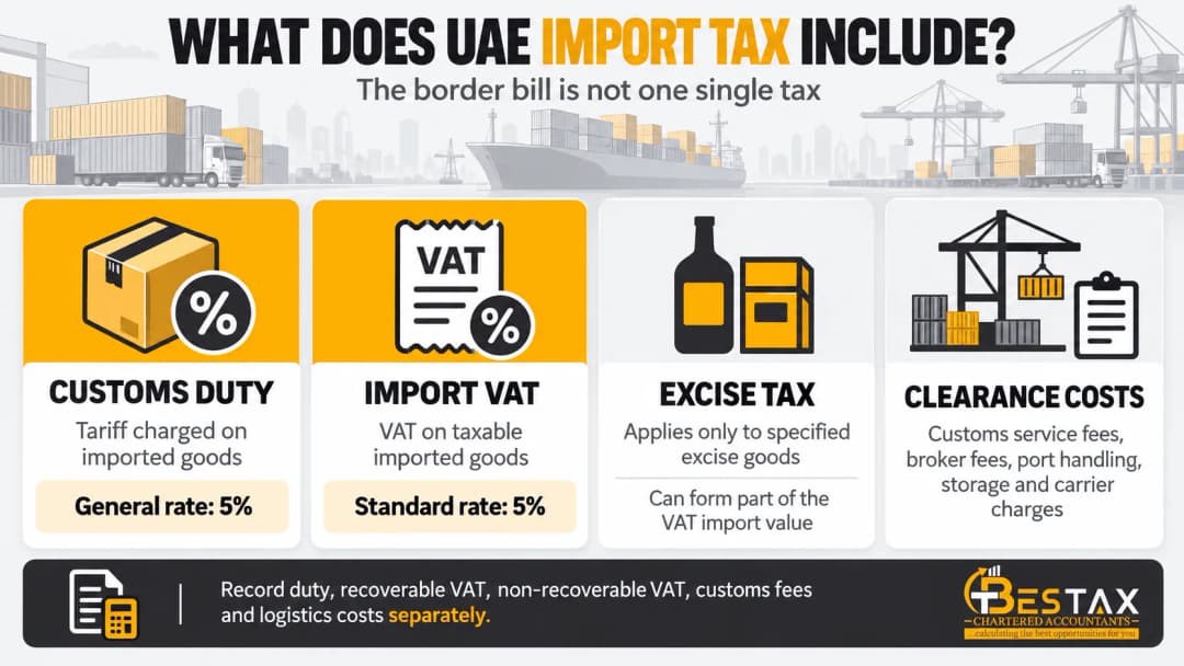 Infographic of UAE import tax components: 5% customs duty, 5% import VAT, excise tax on specified goods and clearance costs