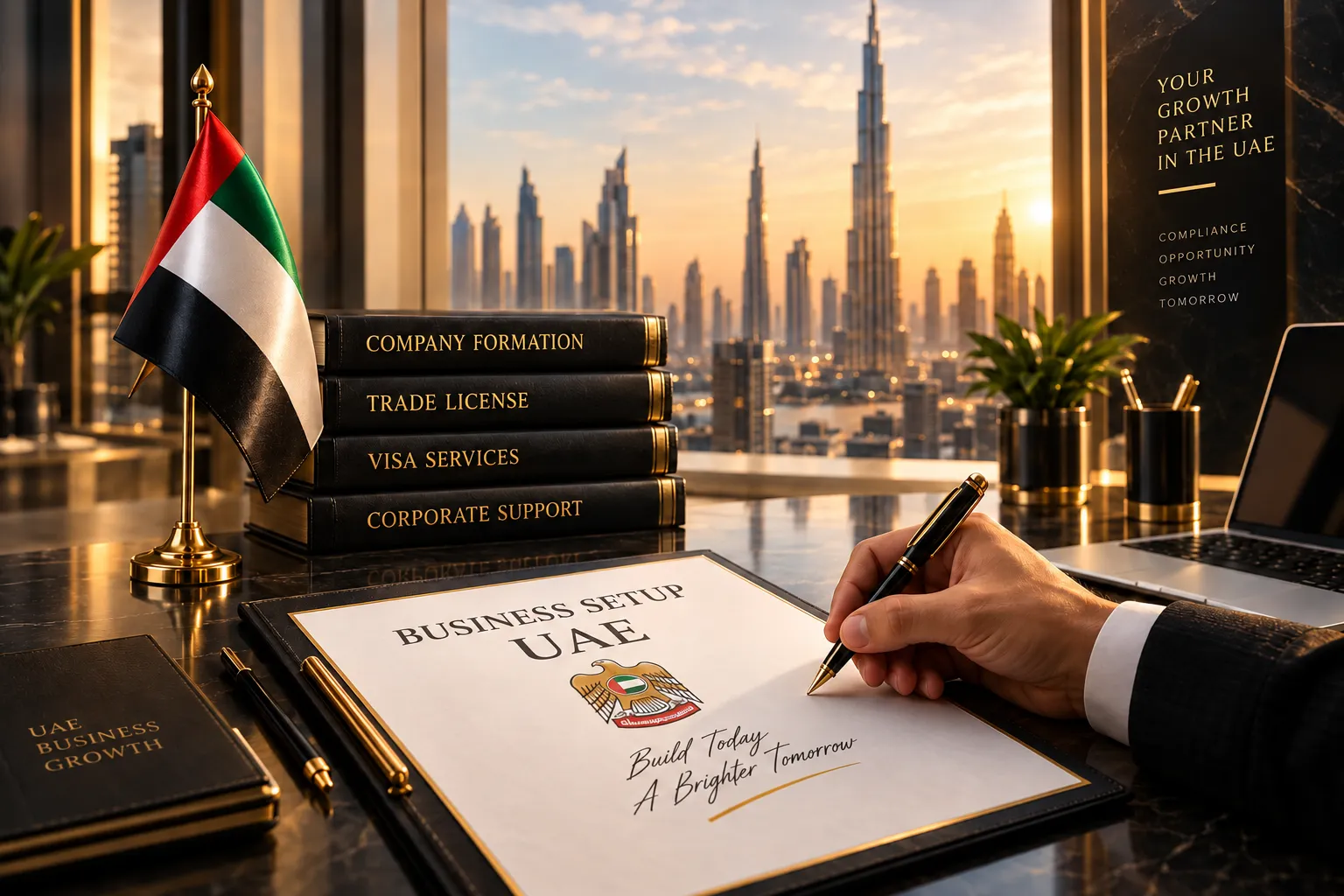 A hand signing a UAE business setup document beside a UAE flag, with the Dubai skyline at sunset behind.