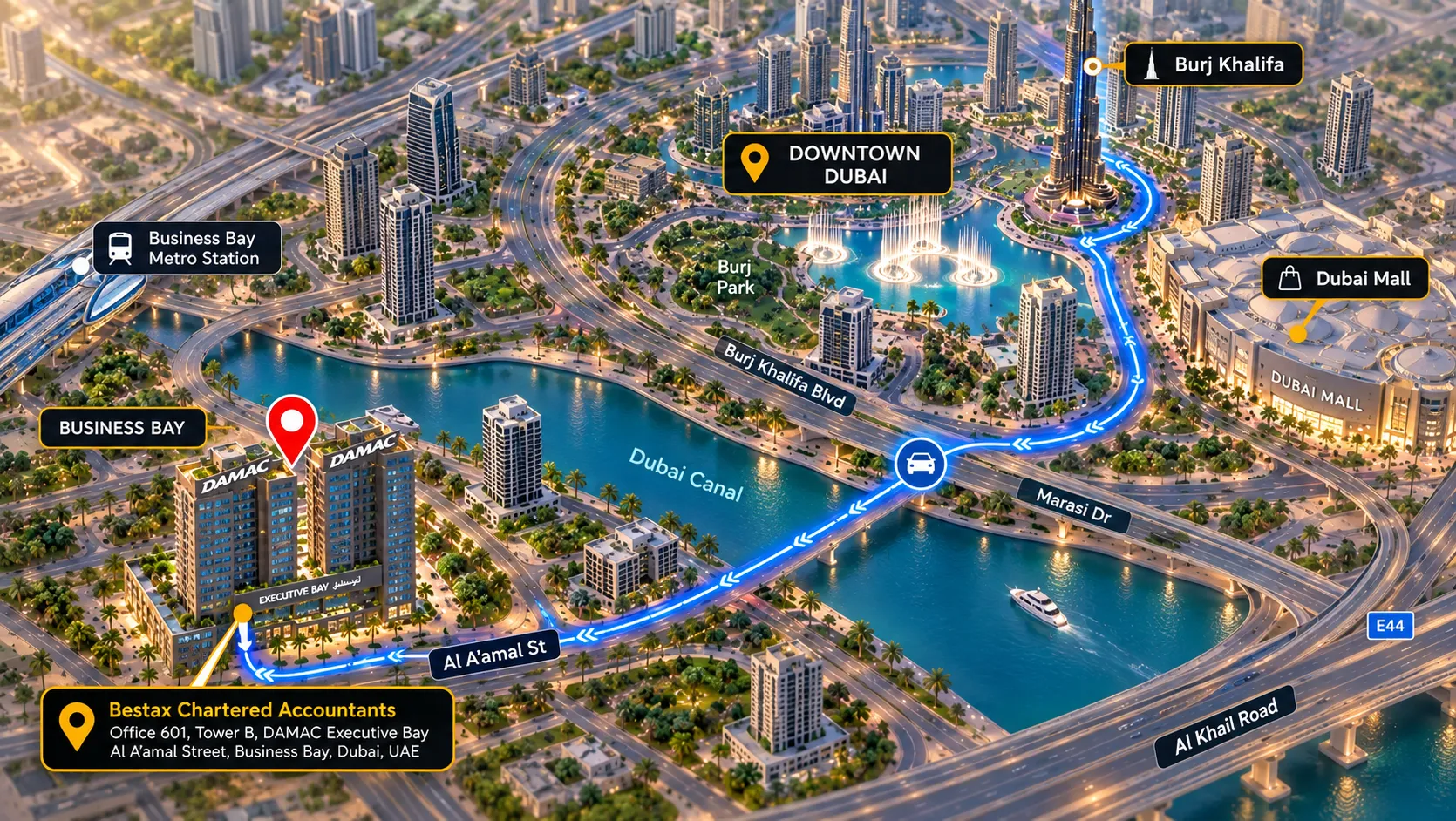 Illustrated map of the Bestax office at DAMAC Executive Bay, Business Bay, Dubai