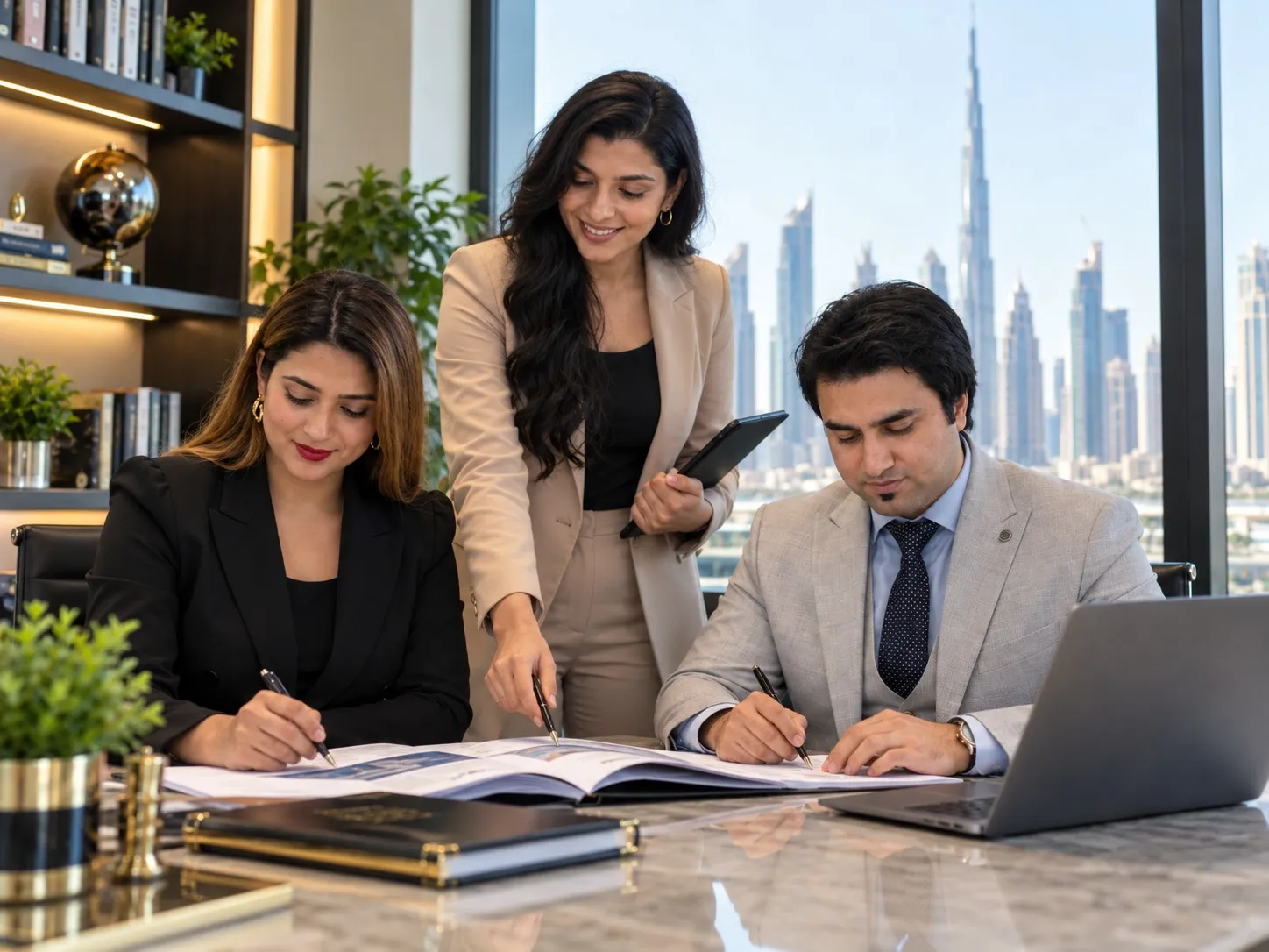 Three Bestax advisers reviewing a client's documents together at a desk, with the Dubai skyline behind them