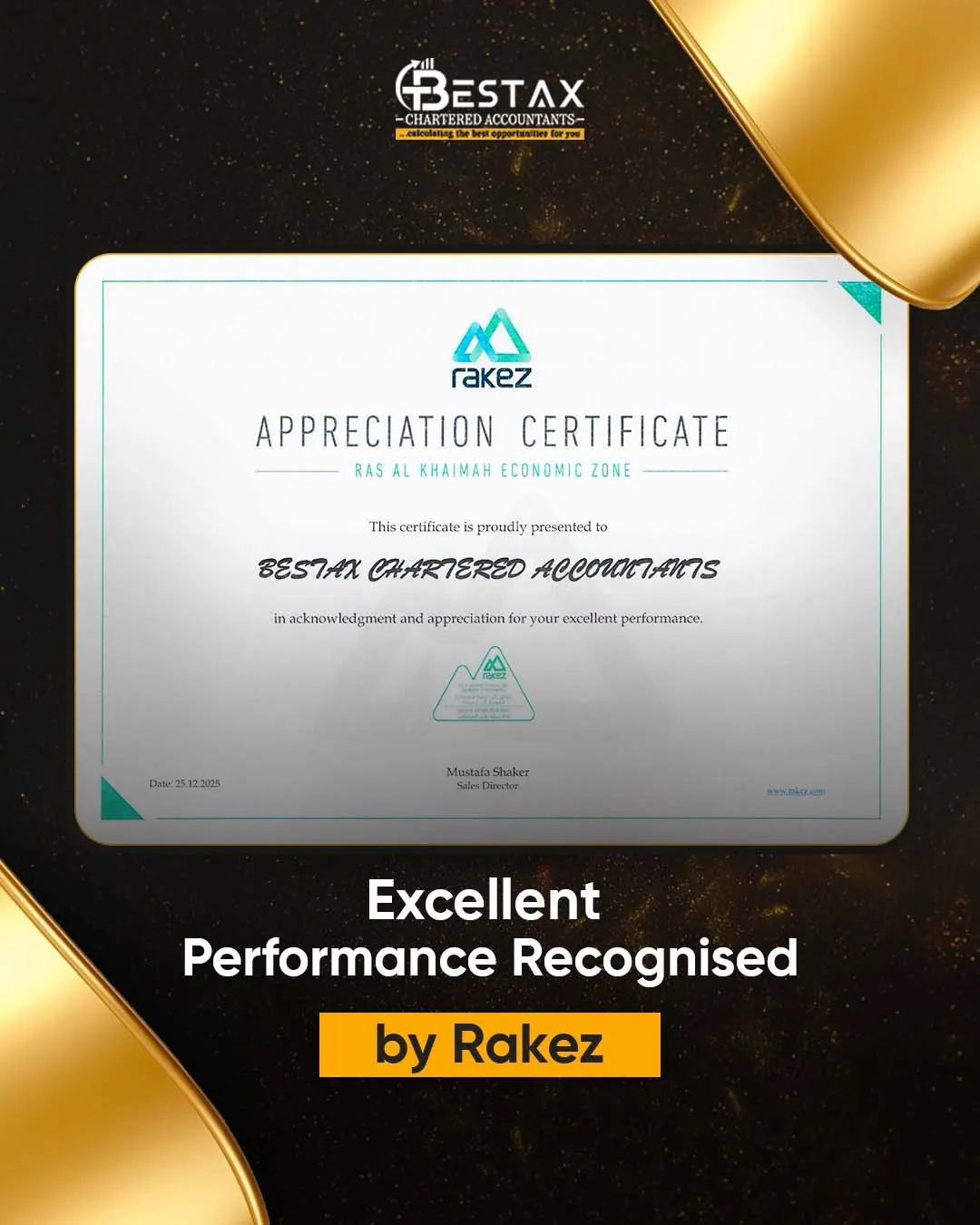 RAKEZ recognition of Bestax Chartered Accountants for excellent performance