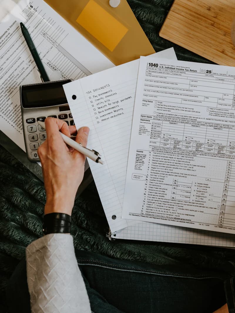 A tax adviser working through VAT paperwork with a client at an office desk.