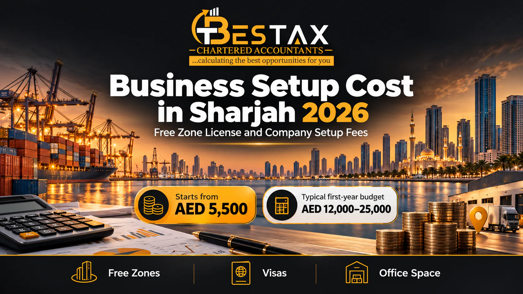 Business setup cost in Sharjah 2026: free zone licenses start from AED 5,500, with a typical first year budget of AED 12,000 to 25,000 covering free zones, visas and office space
