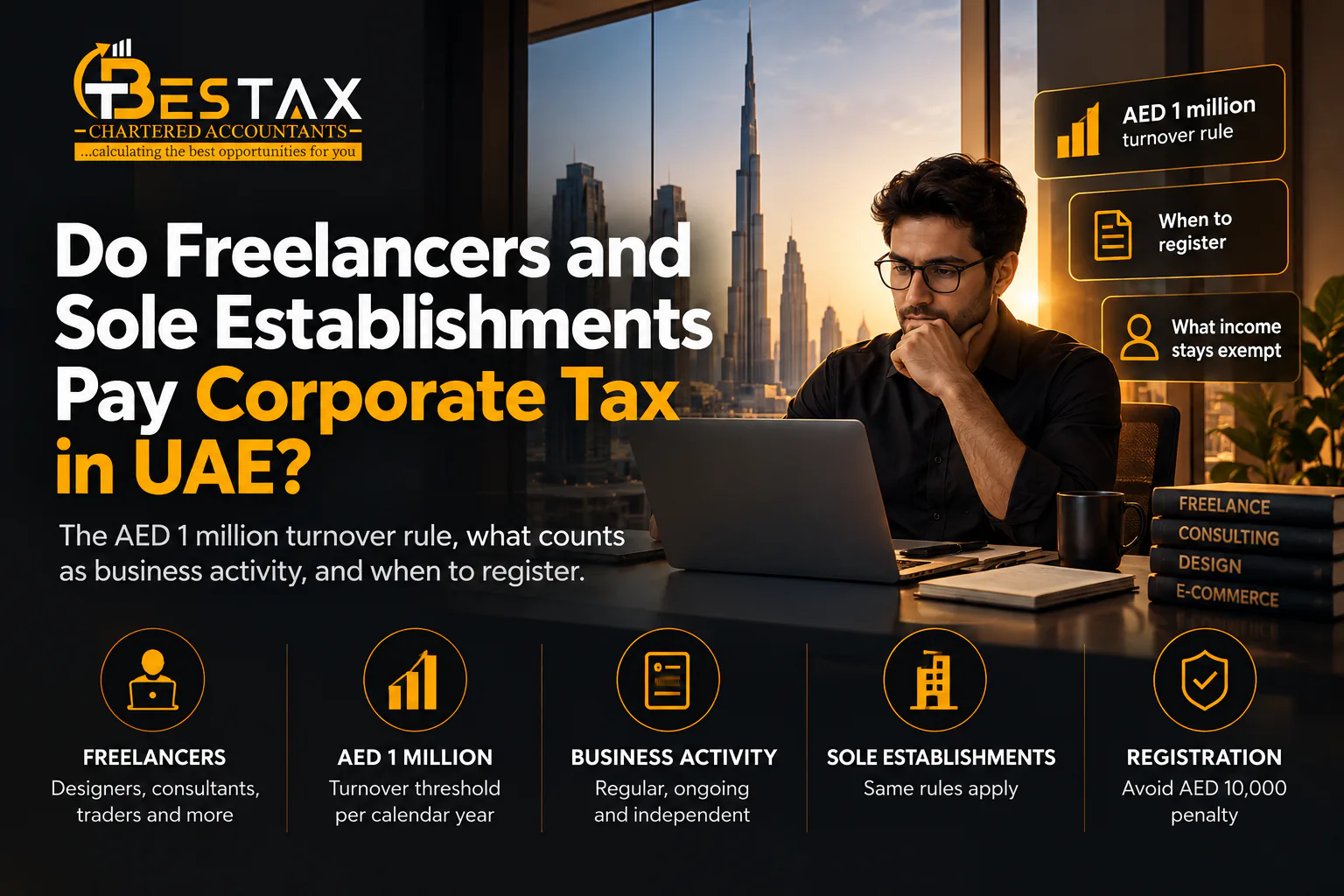 Do freelancers and sole establishments pay corporate tax in the UAE: the AED 1 million turnover rule, what counts as business activity, and registering on time to avoid the AED 10,000 penalty