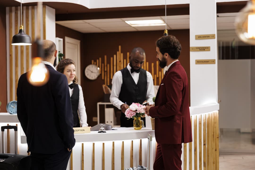 How to Set Up A Hotel Business Blog: Professionals greeted by hotel staff at front desk, businessmen in suits arriving at luxury resort.