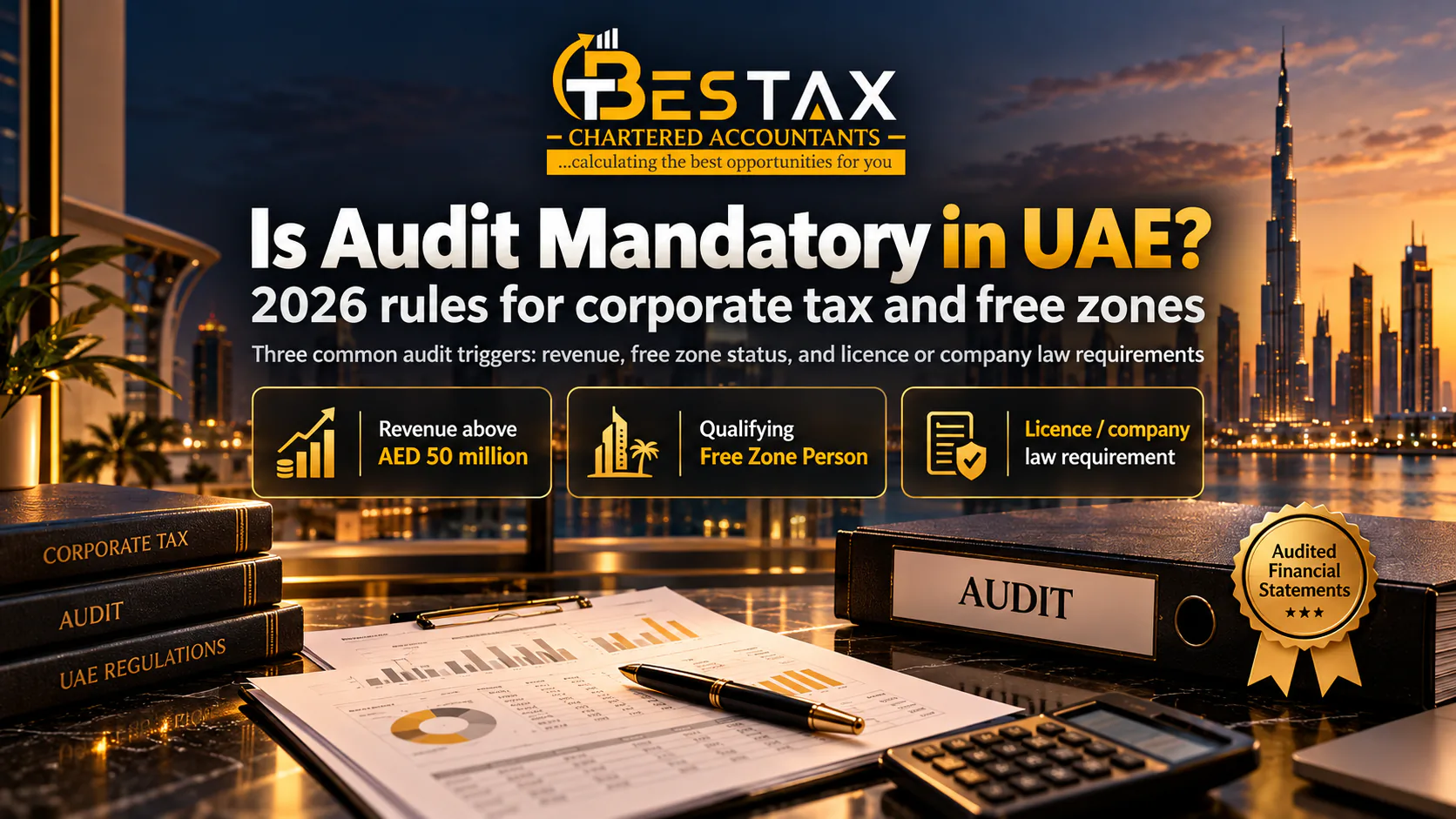 Is audit mandatory in UAE: 2026 rules for corporate tax and free zones, with the three audit triggers of revenue above AED 50 million, Qualifying Free Zone Person status and licence or company law requirements