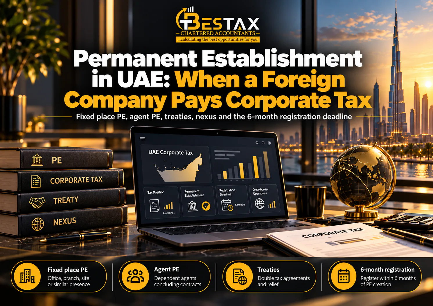 Permanent establishment in the UAE: when a foreign company pays corporate tax, covering fixed place PEs, dependent agent PEs, double tax treaties and the six-month registration deadline