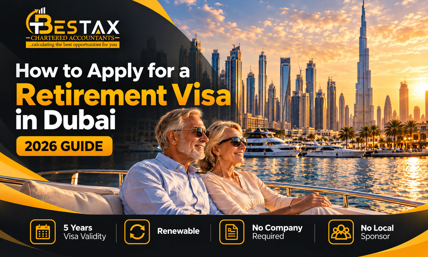 Retired couple relaxing on a yacht at Dubai Marina with the Burj Khalifa skyline at sunset, Dubai retirement visa 2026 guide