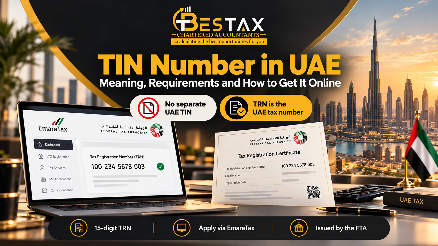 TIN number in UAE: EmaraTax dashboard and FTA Tax Registration Certificate showing a 15 digit TRN, the UAE tax number in place of a separate TIN
