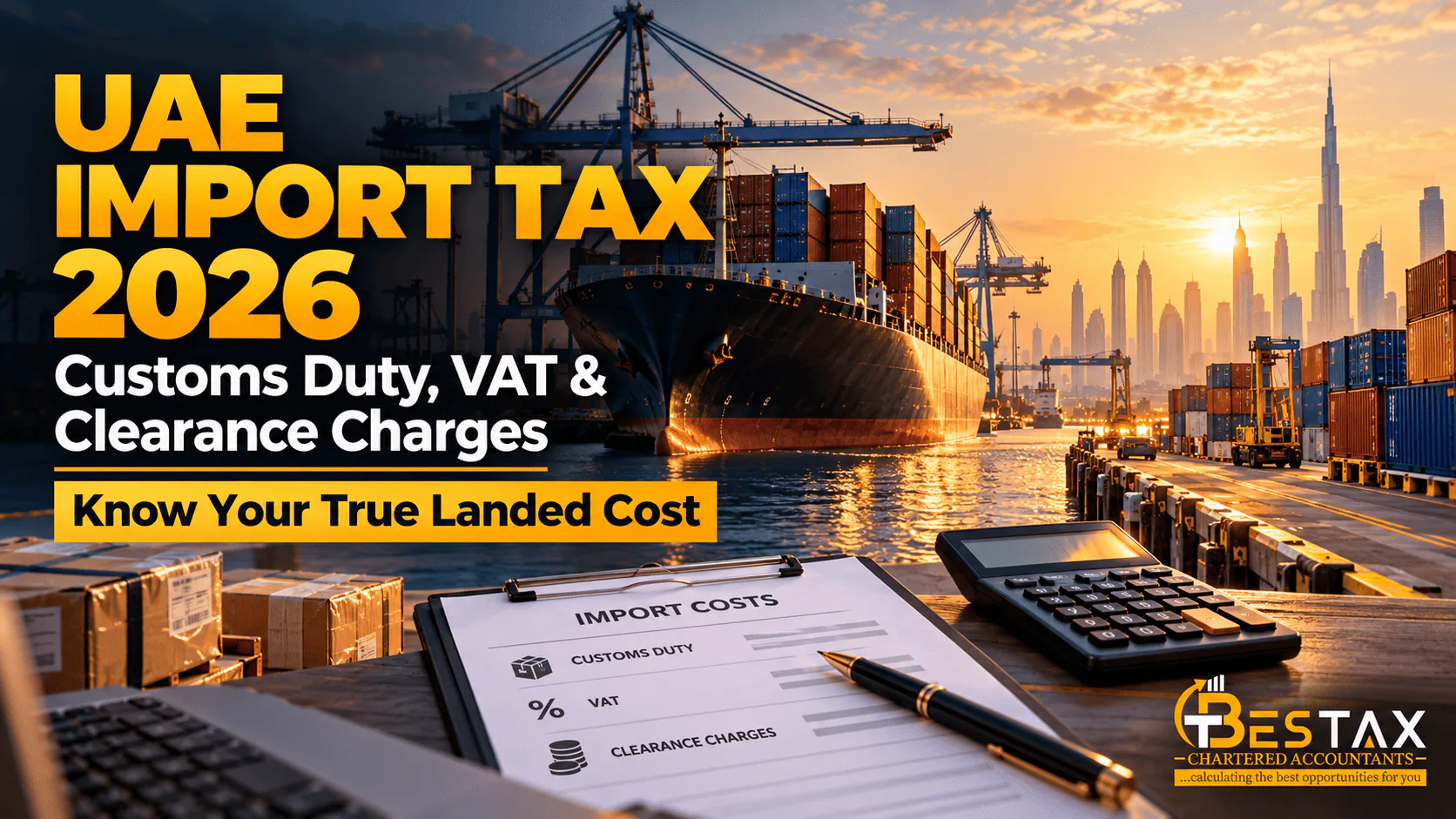 Container ship at a Dubai port at sunset with an import costs checklist, UAE import tax 2026 customs duty, VAT and clearance charges