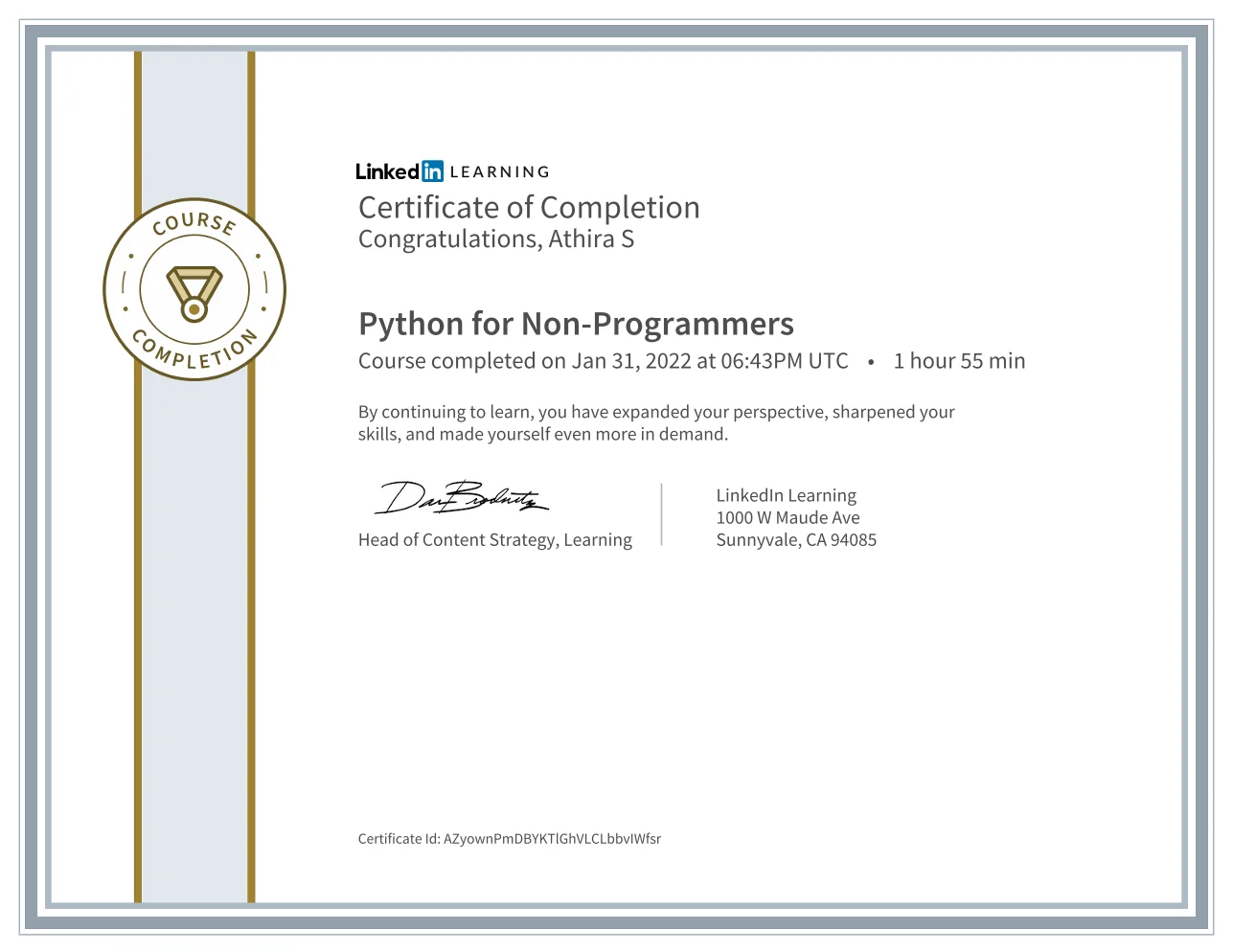 Python for Non-Programmers Python for Non-Programmers awarded to Athira Sunil