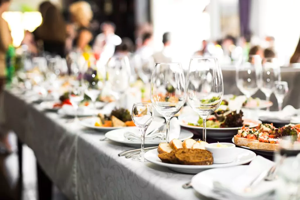 sparkling glass on long table