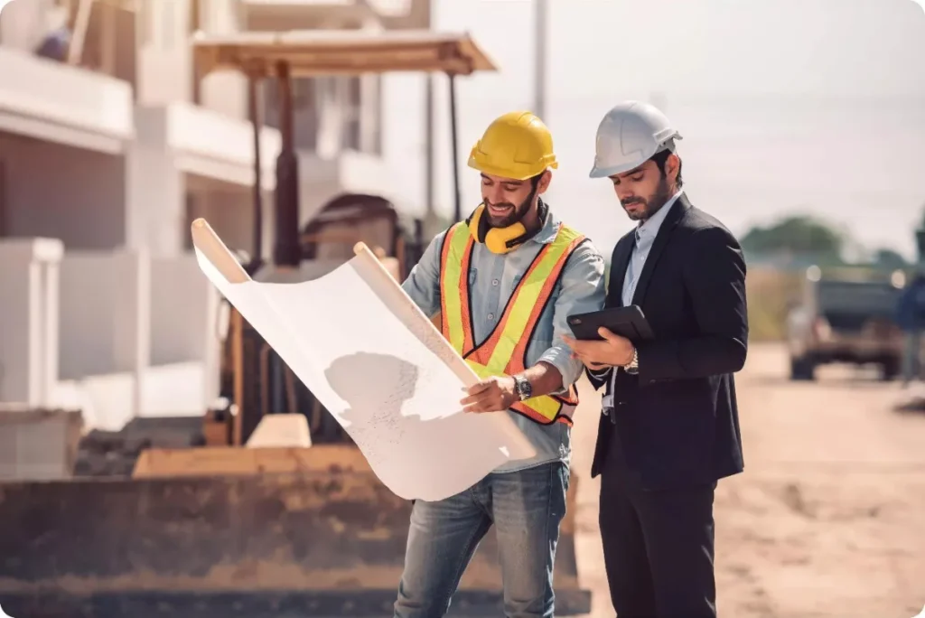 Construction professionals reviewing blueprints at a job site.