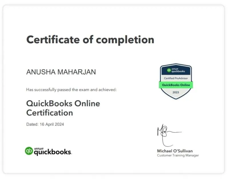 Anusha Maharjan QuickBooks Online Certified ProAdvisor certificate