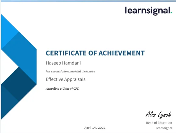 Haseeb Hamdani certificate for Effective Appraisals