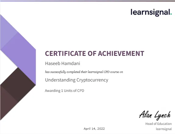 Haseeb Hamdani certificate for Understanding Cryptocurrency