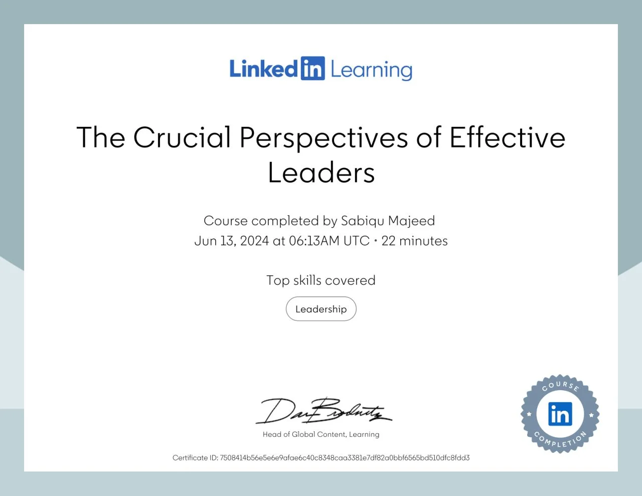 Sabiq Majeed certificate for The Crucial Perspectives of Effective Leaders