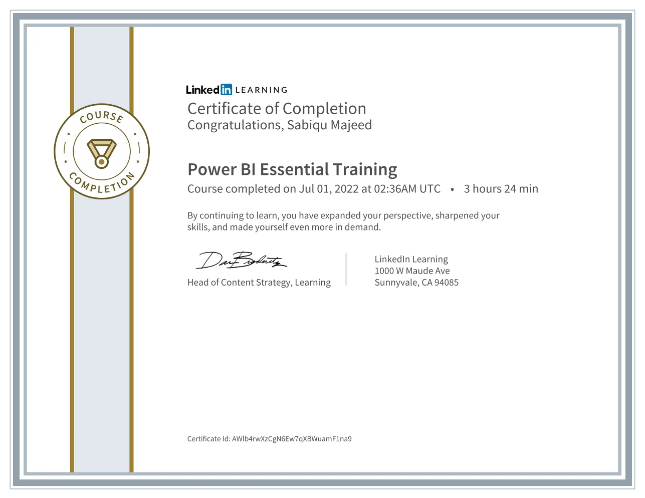 Sabiq Majeed certificate for Power BI Essential Training 2020