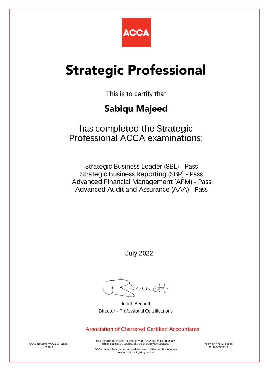 Sabiq Majeed ACCA completion credential