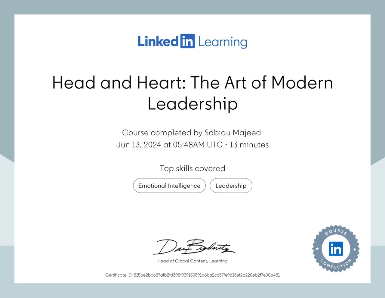 Sabiq Majeed certificate for Head and Heart The Art of Modern Leadership