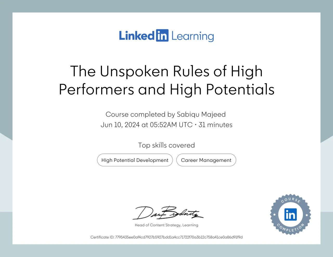 Sabiq Majeed certificate for The Unspoken Rules of High Performers and High Potentials