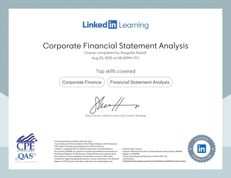 Shagufta Nadaf certificate for Corporate Financial Statement Analysis