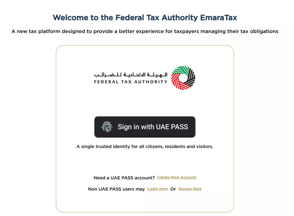 Sign in with your FTA credentials or through UAE PASS at the FTA portal.
