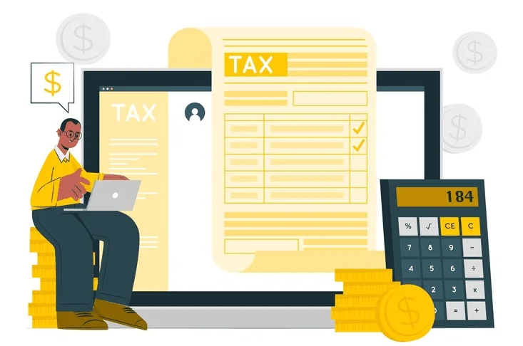 A man sitting on a laptop with a tax form and money.